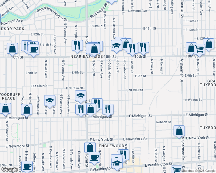 map of restaurants, bars, coffee shops, grocery stores, and more near 824 North Oakland Avenue in Indianapolis