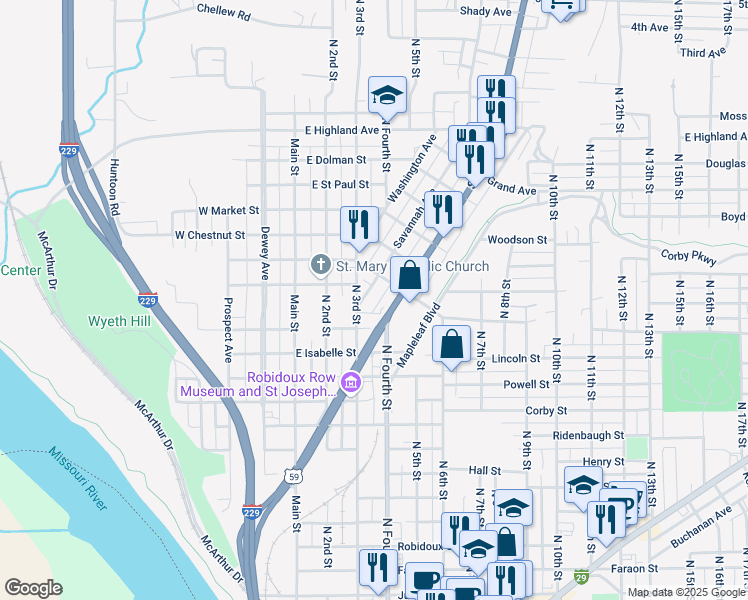 map of restaurants, bars, coffee shops, grocery stores, and more near 1531 Savannah Avenue in Saint Joseph