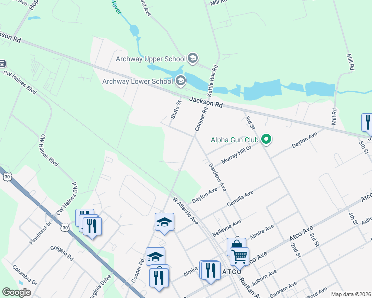 map of restaurants, bars, coffee shops, grocery stores, and more near 2345 Cooper Road in Atco