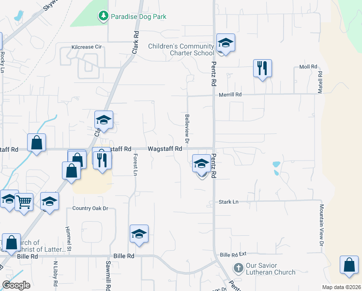 map of restaurants, bars, coffee shops, grocery stores, and more near 1673 Wagstaff Road in Paradise