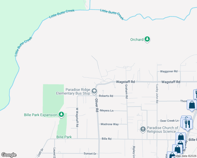 map of restaurants, bars, coffee shops, grocery stores, and more near 685 Van Fossen Road in Paradise
