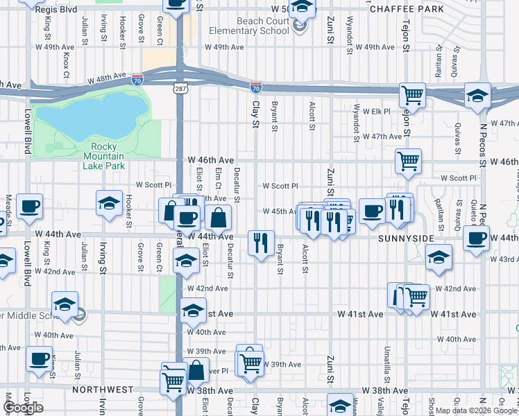 map of restaurants, bars, coffee shops, grocery stores, and more near in Denver