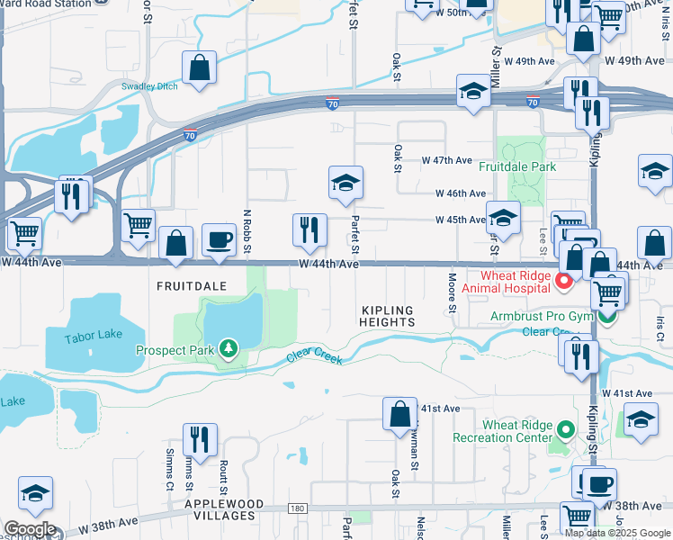 map of restaurants, bars, coffee shops, grocery stores, and more near 11049 West 44th Avenue in Wheat Ridge
