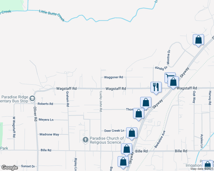 map of restaurants, bars, coffee shops, grocery stores, and more near 891 Wagstaff Road in Paradise