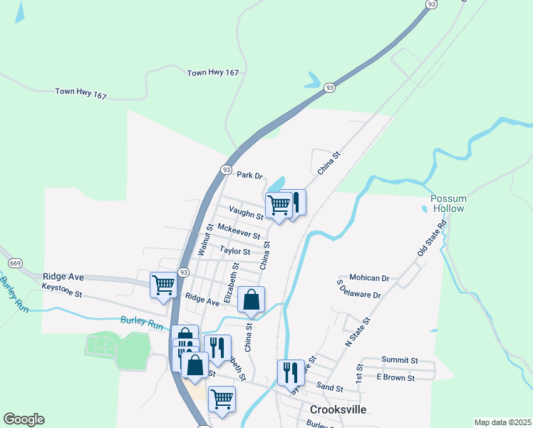 map of restaurants, bars, coffee shops, grocery stores, and more near 131 Vaughn Street in Crooksville