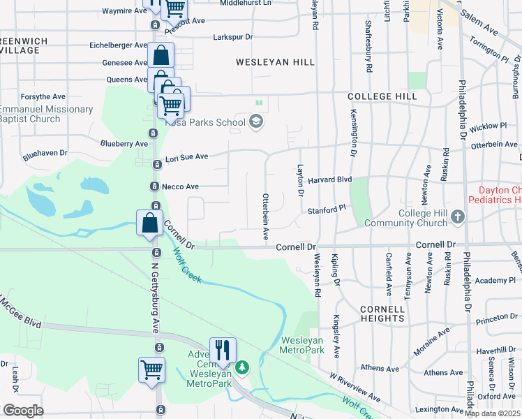 map of restaurants, bars, coffee shops, grocery stores, and more near 1702 Harold Drive in Dayton