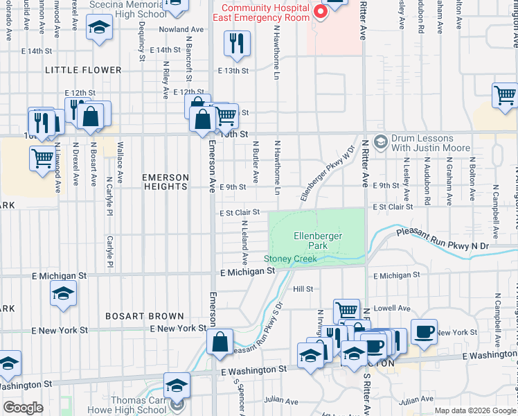 map of restaurants, bars, coffee shops, grocery stores, and more near 854 North Butler Avenue in Indianapolis