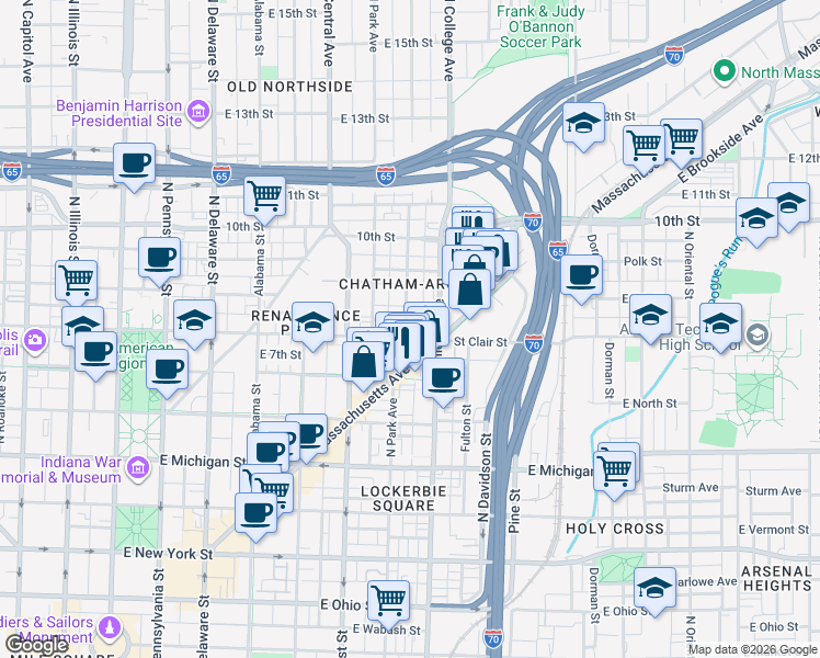 map of restaurants, bars, coffee shops, grocery stores, and more near 816 Broadway Street in Indianapolis