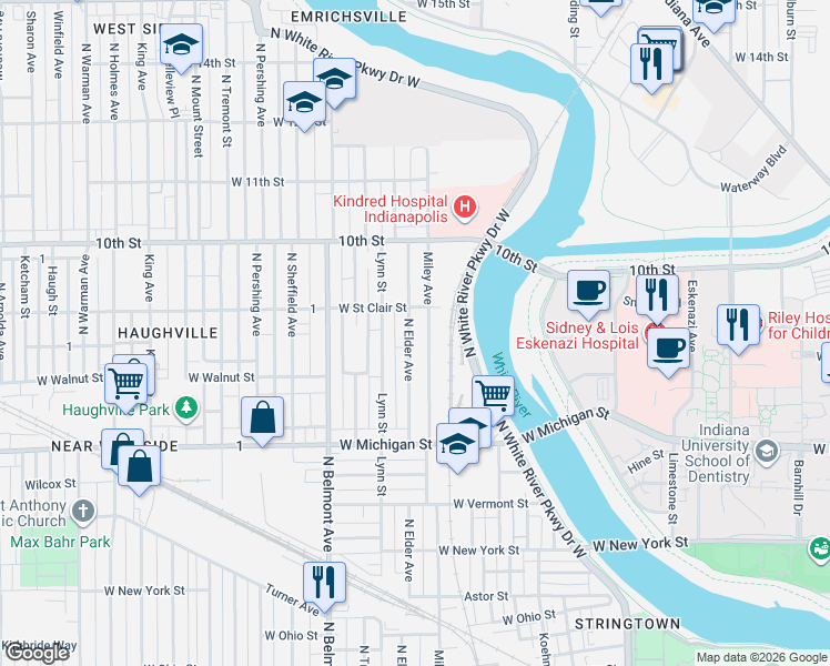 map of restaurants, bars, coffee shops, grocery stores, and more near 760 Miley Avenue in Indianapolis