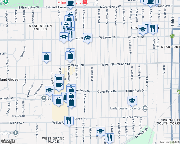 map of restaurants, bars, coffee shops, grocery stores, and more near 2004-2008 South Walnut Street in Springfield