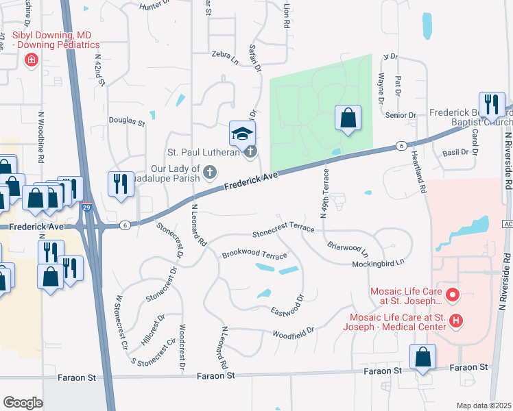 map of restaurants, bars, coffee shops, grocery stores, and more near 4706 Frederick Avenue in Saint Joseph