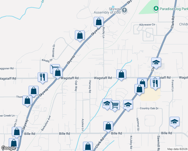 map of restaurants, bars, coffee shops, grocery stores, and more near 1249 Wagstaff Road in Paradise