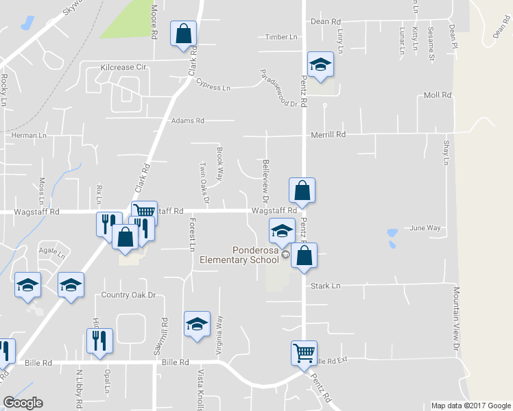 map of restaurants, bars, coffee shops, grocery stores, and more near 1673 Wagstaff Road in Paradise