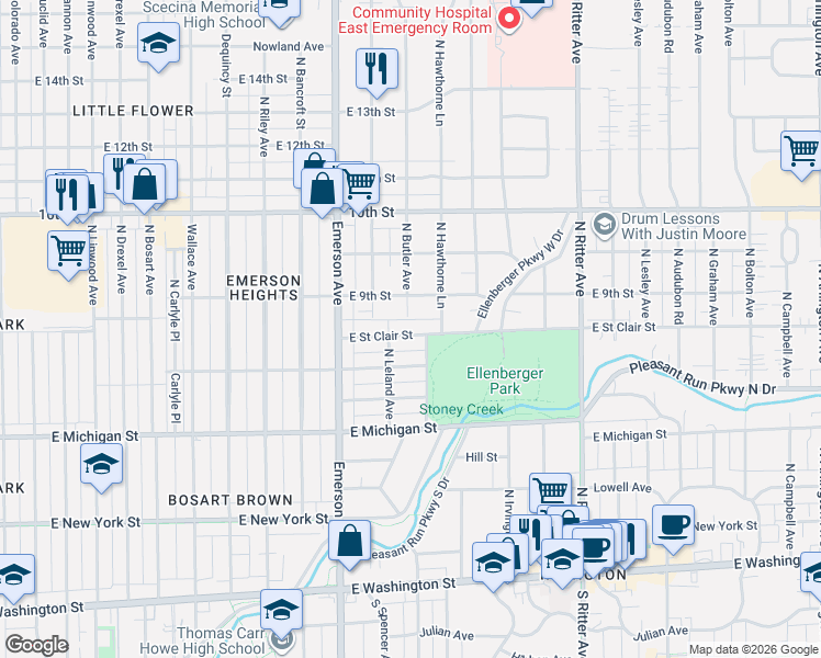map of restaurants, bars, coffee shops, grocery stores, and more near 854 North Butler Avenue in Indianapolis