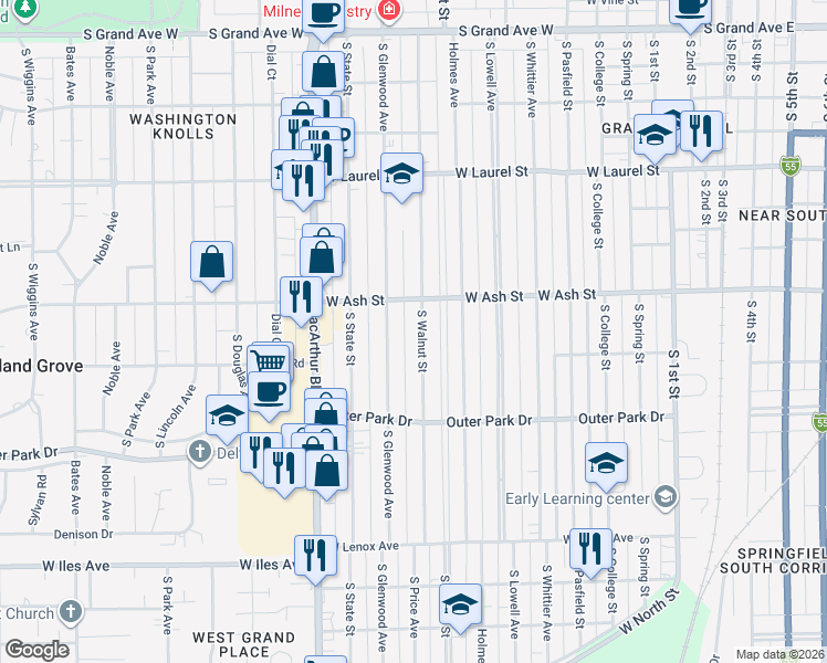 map of restaurants, bars, coffee shops, grocery stores, and more near 2004-2008 South Walnut Street in Springfield