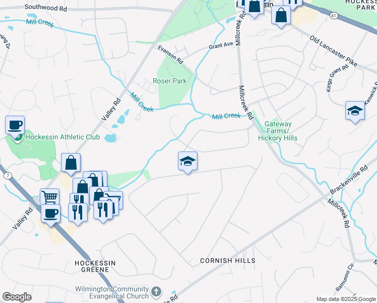 map of restaurants, bars, coffee shops, grocery stores, and more near 34 Robin Drive in Hockessin