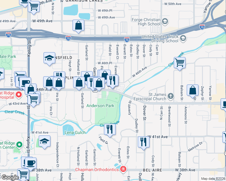 map of restaurants, bars, coffee shops, grocery stores, and more near 9045 West 44th Avenue in Wheat Ridge