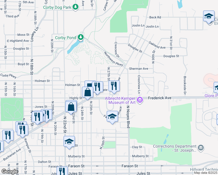 map of restaurants, bars, coffee shops, grocery stores, and more near 1216 Ashland Avenue in Saint Joseph