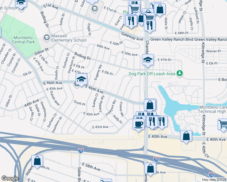 map of restaurants, bars, coffee shops, grocery stores, and more near 4648 Fontana Way in Denver