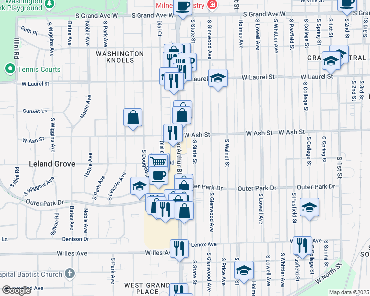 map of restaurants, bars, coffee shops, grocery stores, and more near 2001 South State Street in Springfield