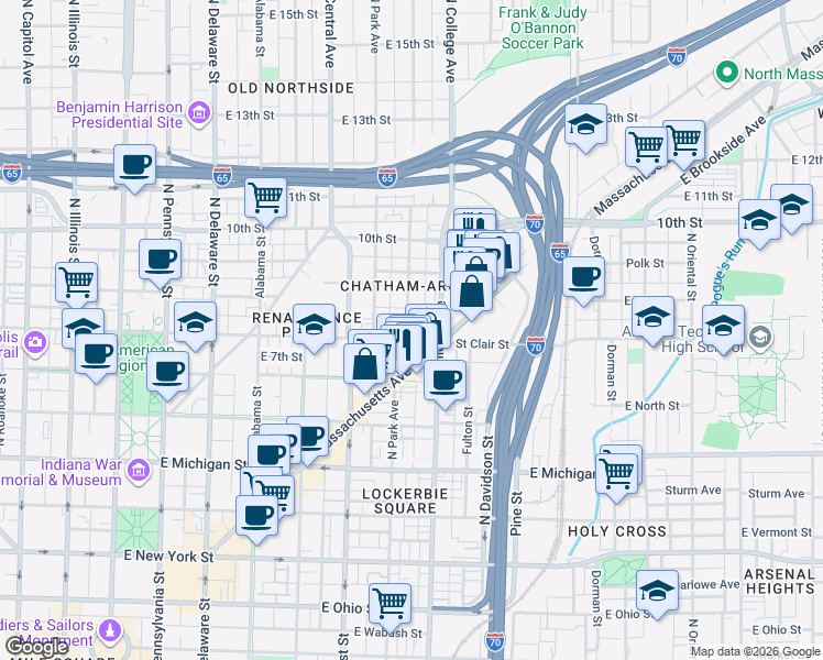 map of restaurants, bars, coffee shops, grocery stores, and more near 816 Broadway Street in Indianapolis