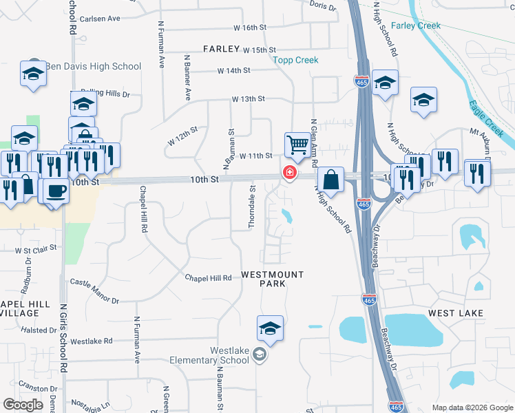 map of restaurants, bars, coffee shops, grocery stores, and more near 901 Thorndale Street in Indianapolis
