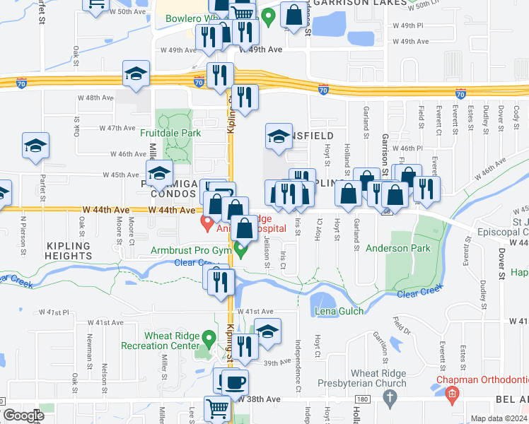 map of restaurants, bars, coffee shops, grocery stores, and more near 4361 Jellison Street in Wheat Ridge