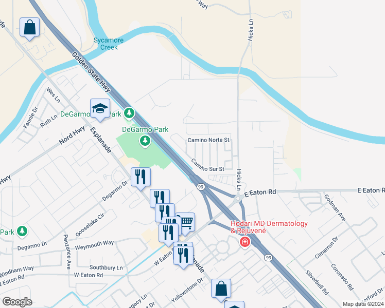 map of restaurants, bars, coffee shops, grocery stores, and more near 3545 Ebano Way in Chico