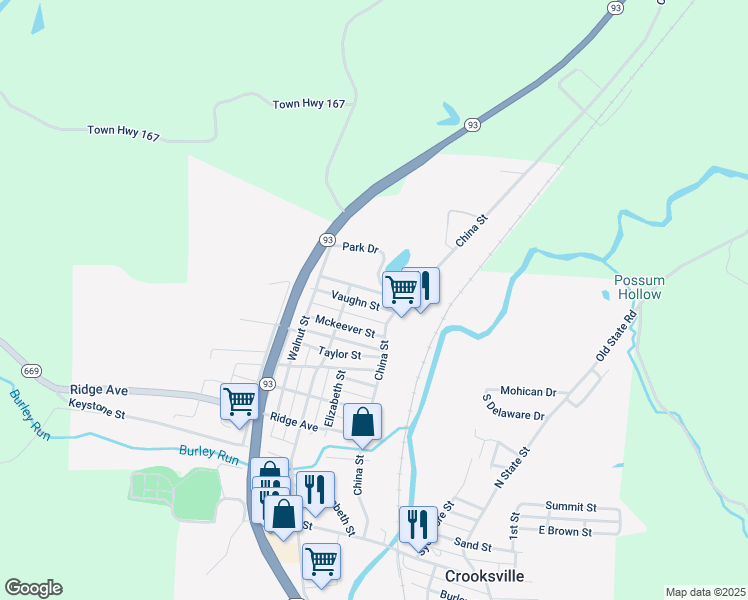 map of restaurants, bars, coffee shops, grocery stores, and more near 131 Vaughn Street in Crooksville