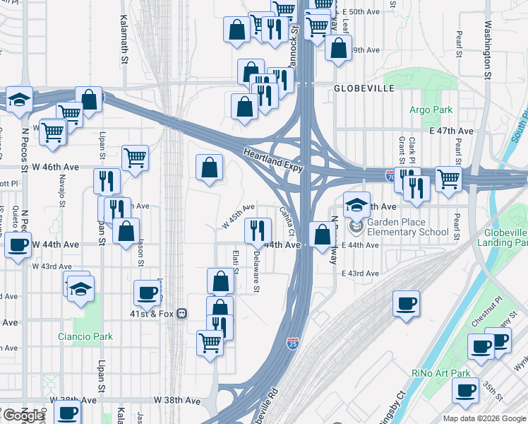 map of restaurants, bars, coffee shops, grocery stores, and more near 4488 Delaware Street in Denver
