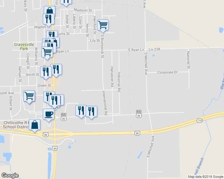 map of restaurants, bars, coffee shops, grocery stores, and more near 898 Harvester Road in Chillicothe