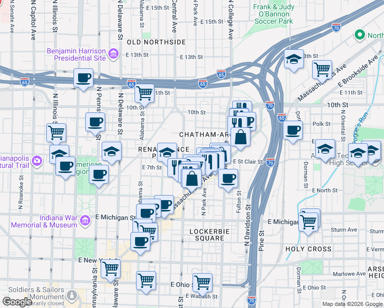 map of restaurants, bars, coffee shops, grocery stores, and more near 803 North East Street in Indianapolis