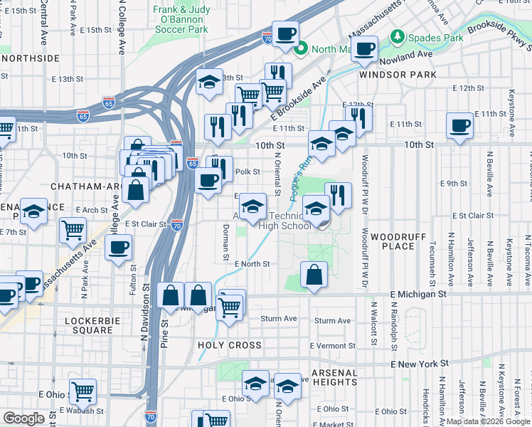 map of restaurants, bars, coffee shops, grocery stores, and more near 1301 East 9th Street in Indianapolis