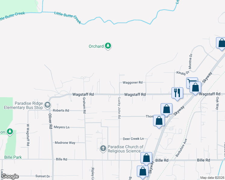 map of restaurants, bars, coffee shops, grocery stores, and more near 6651 Evergreen Lane in Paradise