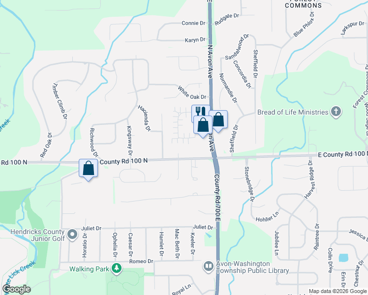 map of restaurants, bars, coffee shops, grocery stores, and more near 6990 East County Road 100 North in Avon