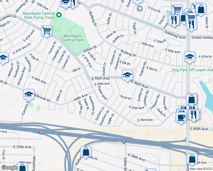 map of restaurants, bars, coffee shops, grocery stores, and more near 4546 Durham Court in Denver