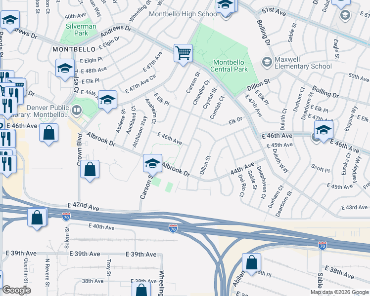 map of restaurants, bars, coffee shops, grocery stores, and more near 4620 Crystal Street in Denver