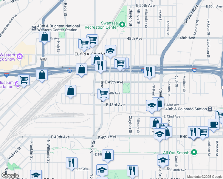 map of restaurants, bars, coffee shops, grocery stores, and more near 4445 Elizabeth Street in Denver