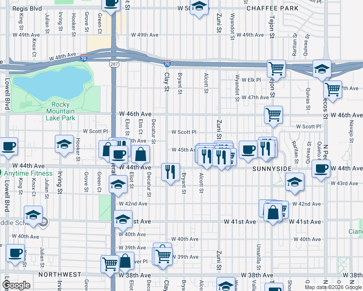 map of restaurants, bars, coffee shops, grocery stores, and more near 4535 Bryant Street in Denver
