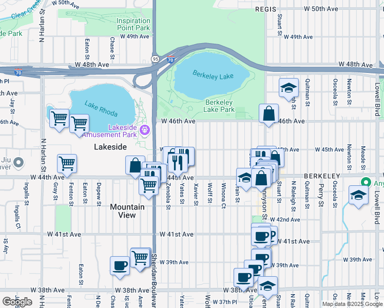 map of restaurants, bars, coffee shops, grocery stores, and more near 4500 Xavier Street in Denver