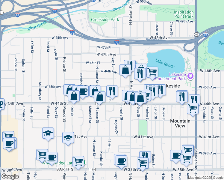 map of restaurants, bars, coffee shops, grocery stores, and more near 6265 West 45th Avenue in Wheat Ridge