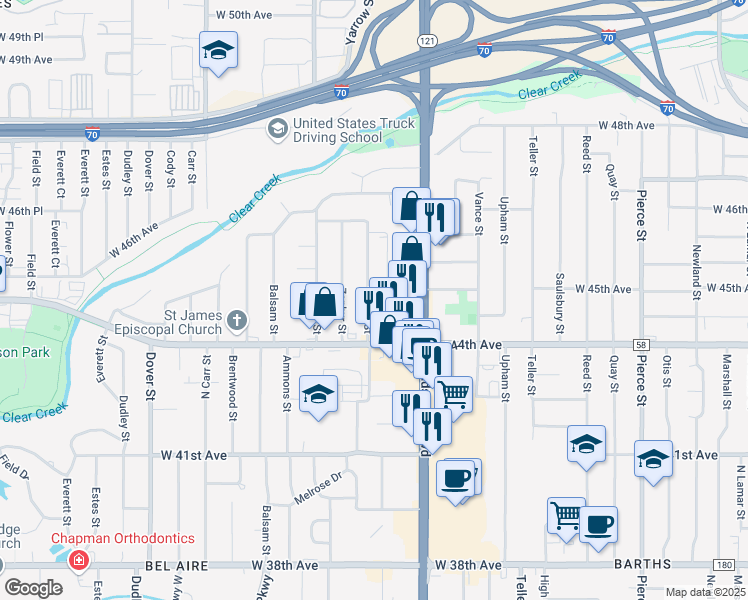 map of restaurants, bars, coffee shops, grocery stores, and more near 4495 Yarrow Street in Wheat Ridge