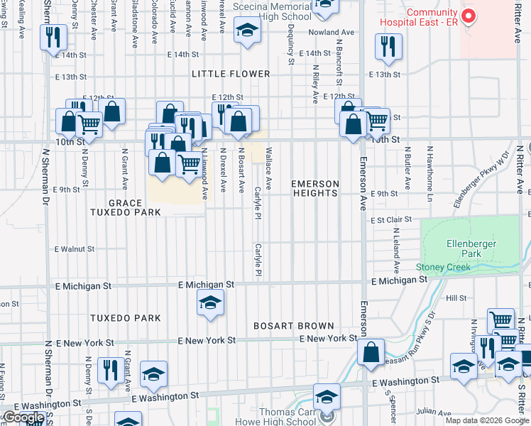 map of restaurants, bars, coffee shops, grocery stores, and more near 757 Carlyle Place in Indianapolis