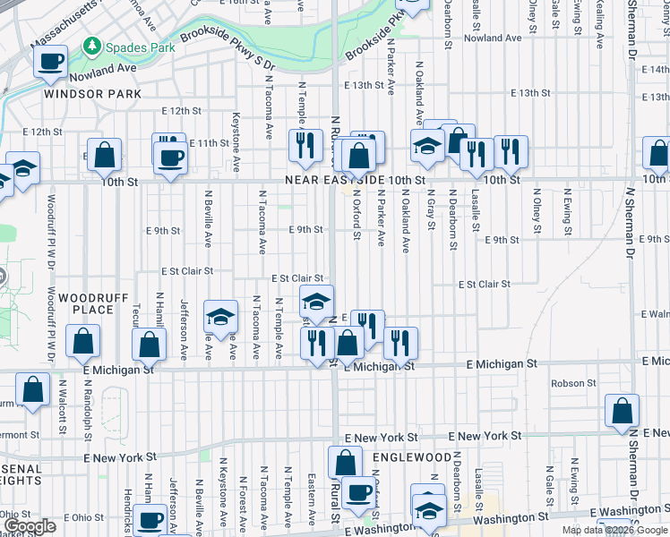 map of restaurants, bars, coffee shops, grocery stores, and more near 821 North Rural Street in Indianapolis