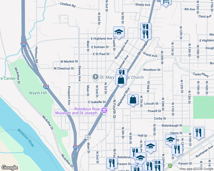map of restaurants, bars, coffee shops, grocery stores, and more near 1602 North 3rd Street in Saint Joseph