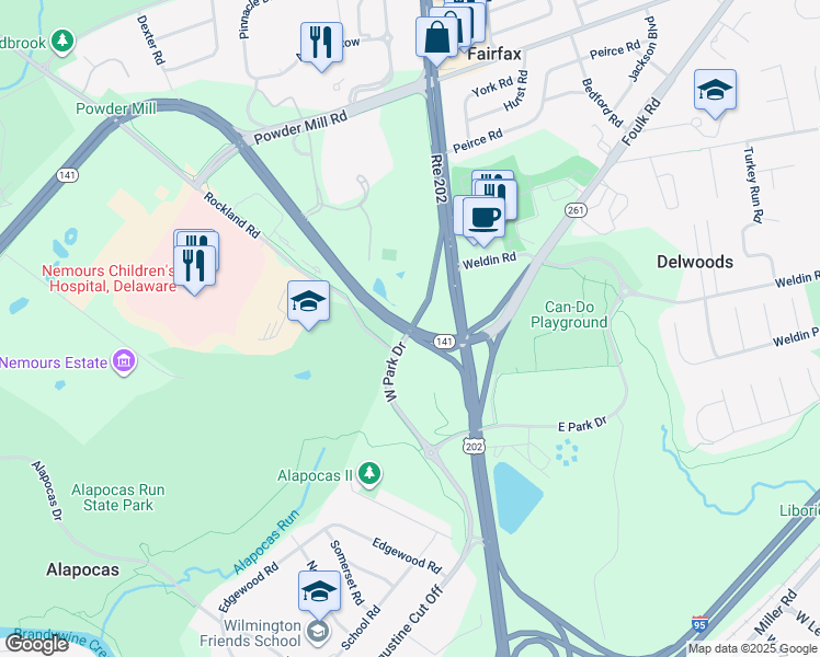 map of restaurants, bars, coffee shops, grocery stores, and more near 1857 Powder Mill Road in Wilmington