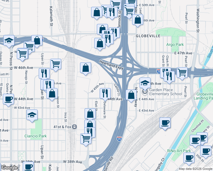 map of restaurants, bars, coffee shops, grocery stores, and more near 4488 Delaware Street in Denver