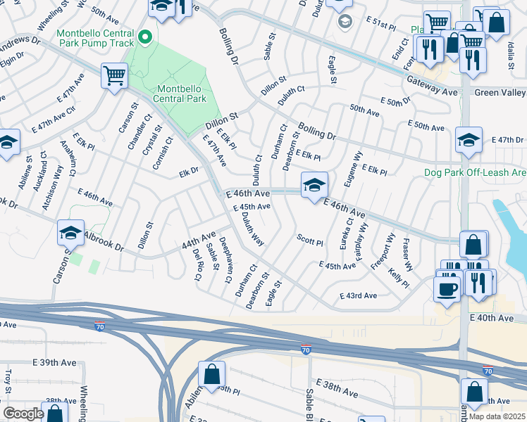 map of restaurants, bars, coffee shops, grocery stores, and more near 4546 Durham Court in Denver