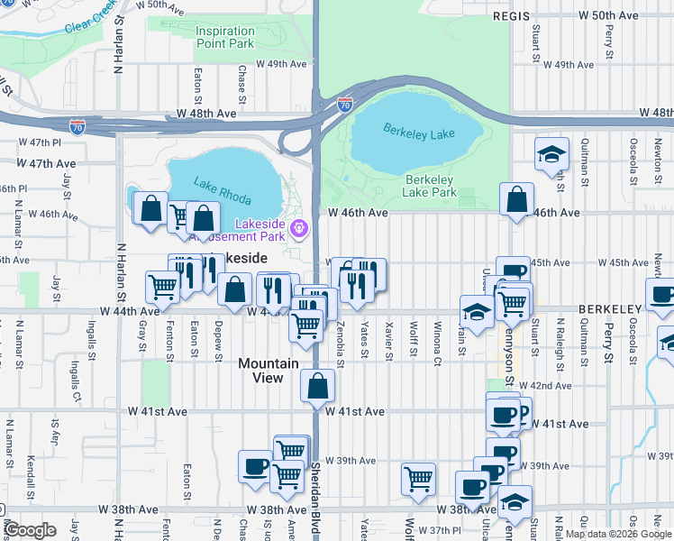map of restaurants, bars, coffee shops, grocery stores, and more near 4485 Zenobia Street in Denver