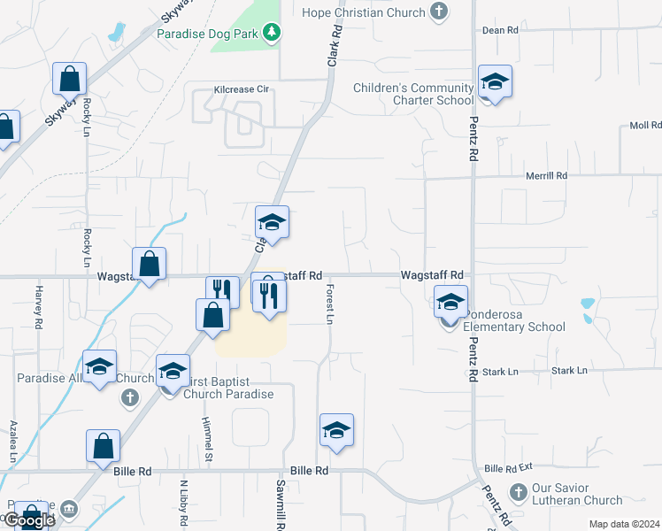 map of restaurants, bars, coffee shops, grocery stores, and more near 1571 Wagstaff Road in Paradise